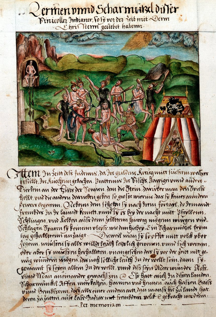 Venezuelans attacking Spanish conquistadors, c16th century by Hieronyouse Koler