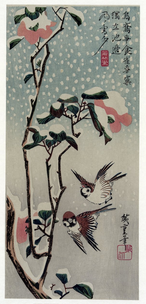 Sparrows and Camellias in the Snow by Utagawa Hiroshige