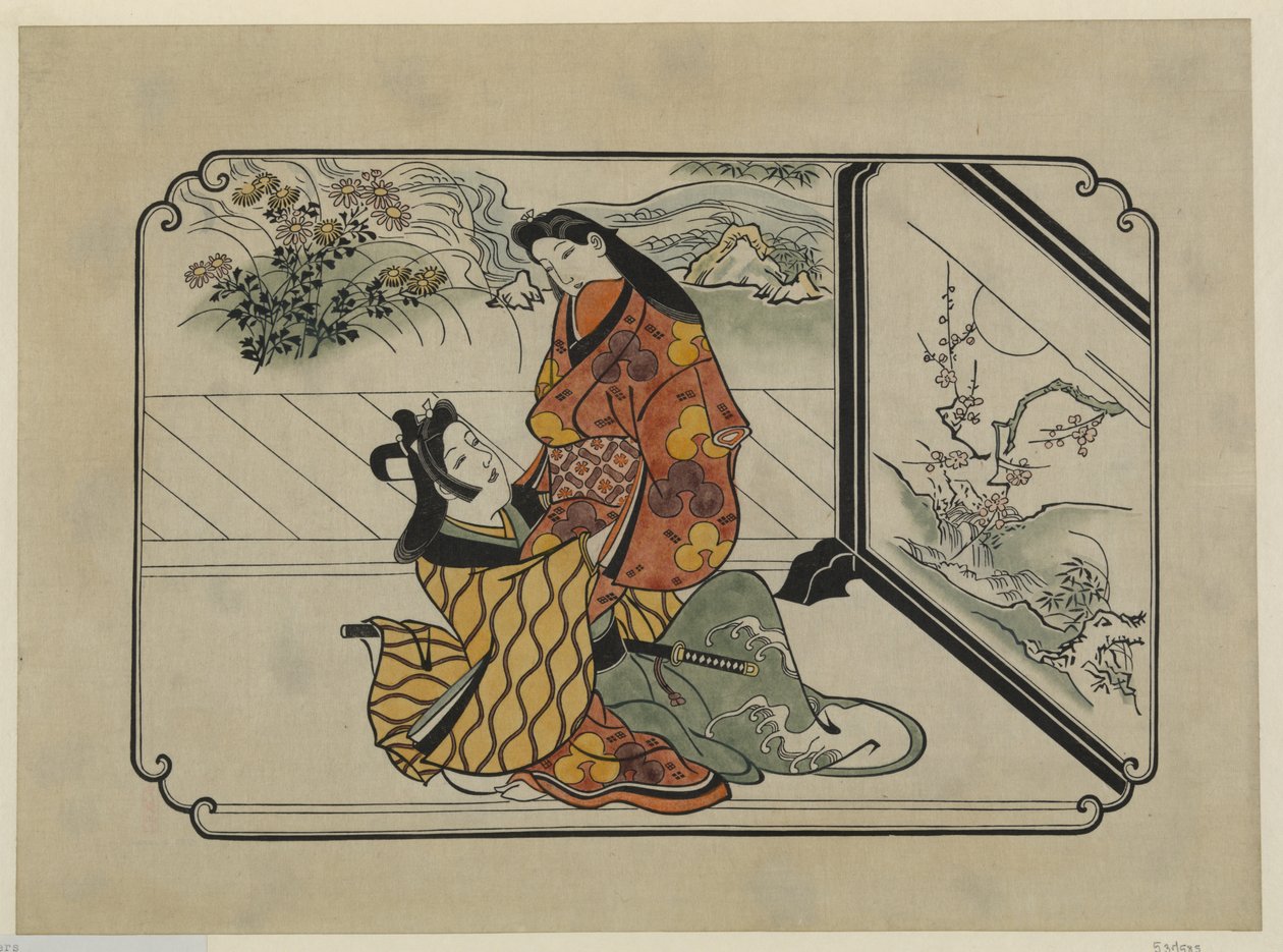 Hand-Colored Ukiyo-e Print of Two Lovers Embracing in Front of a Painted Screen by Hishikawa Moronobu