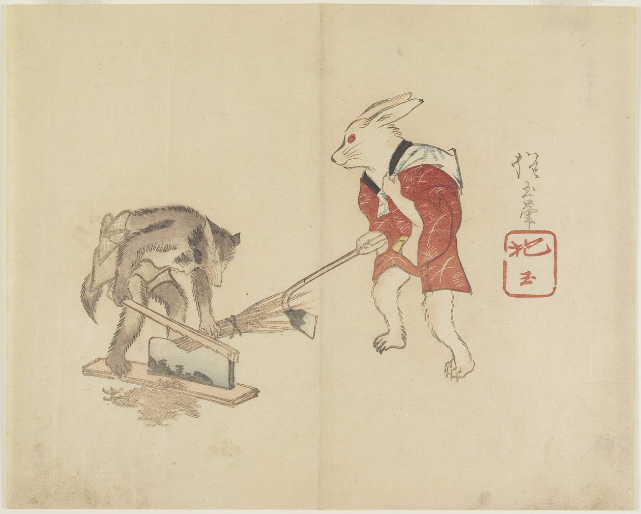 Rabbit and Raccoon Chopping Straw, c. 1830 by Hogyoku