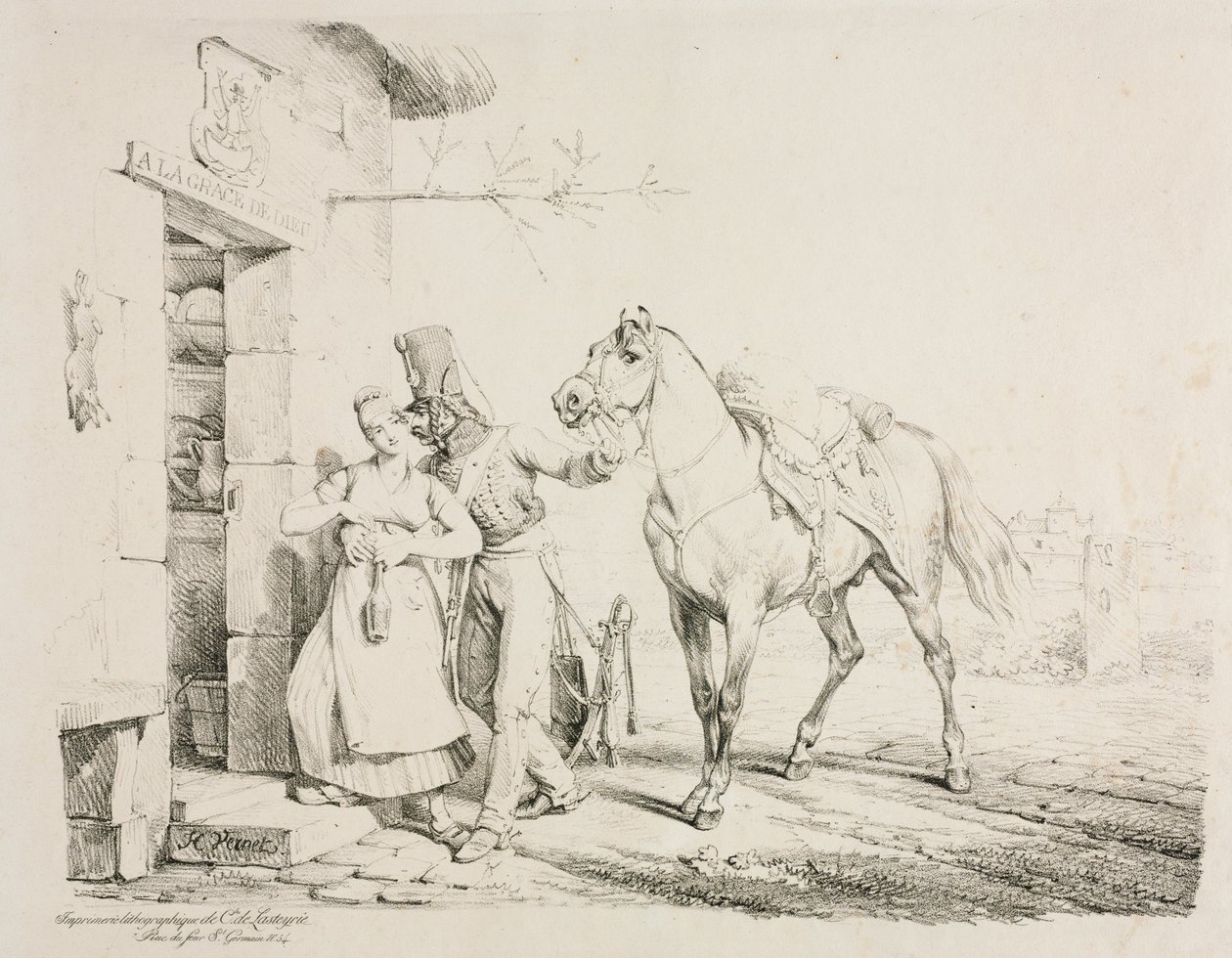A Hussar Embracing a Servant by Emile Jean Horace Vernet