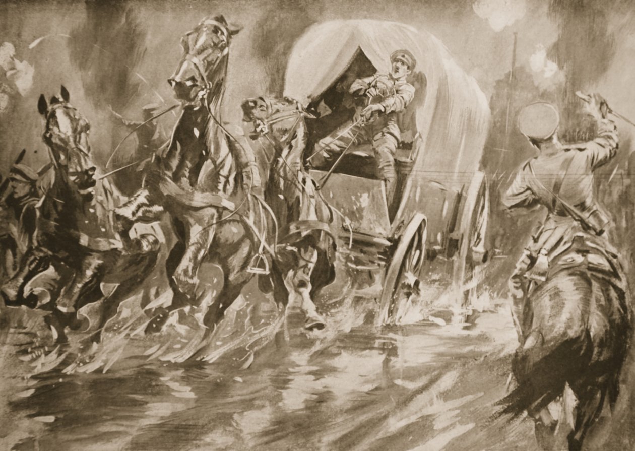 Private Fitch driving a transport cart after the driver had been shot by Howard K. Elcock