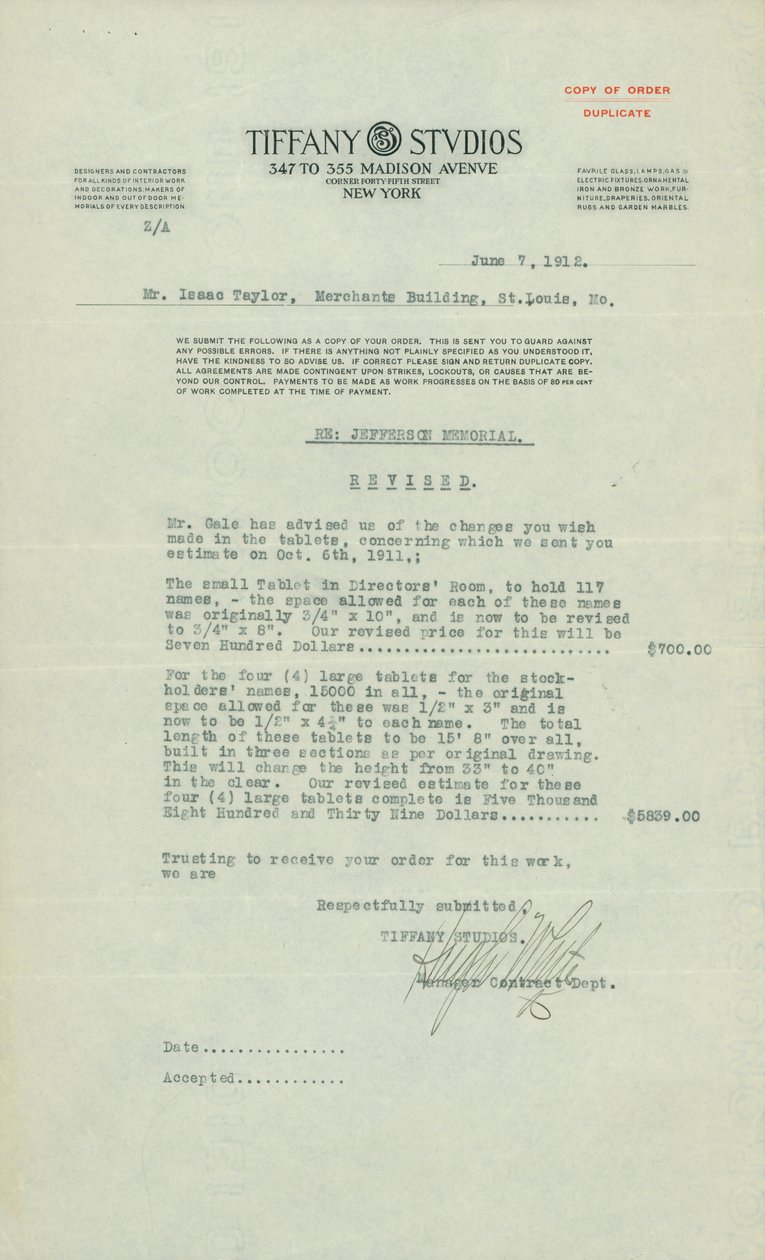 Copy of Order of Hugh White, Manager Contract Dept. by Hugh White