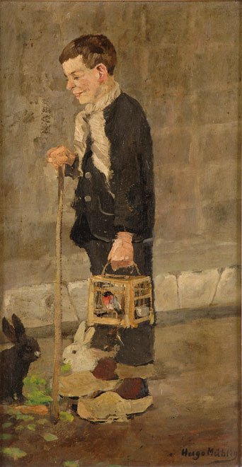 Boy with Two Rabbits and Birdcage by Hugo Muhlig