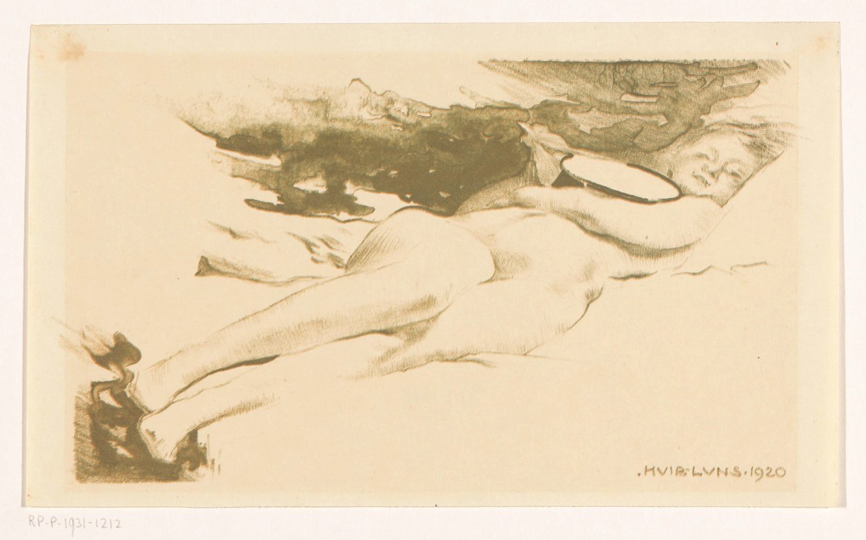 Reclining Nude Woman with Mirror by Huib Luns