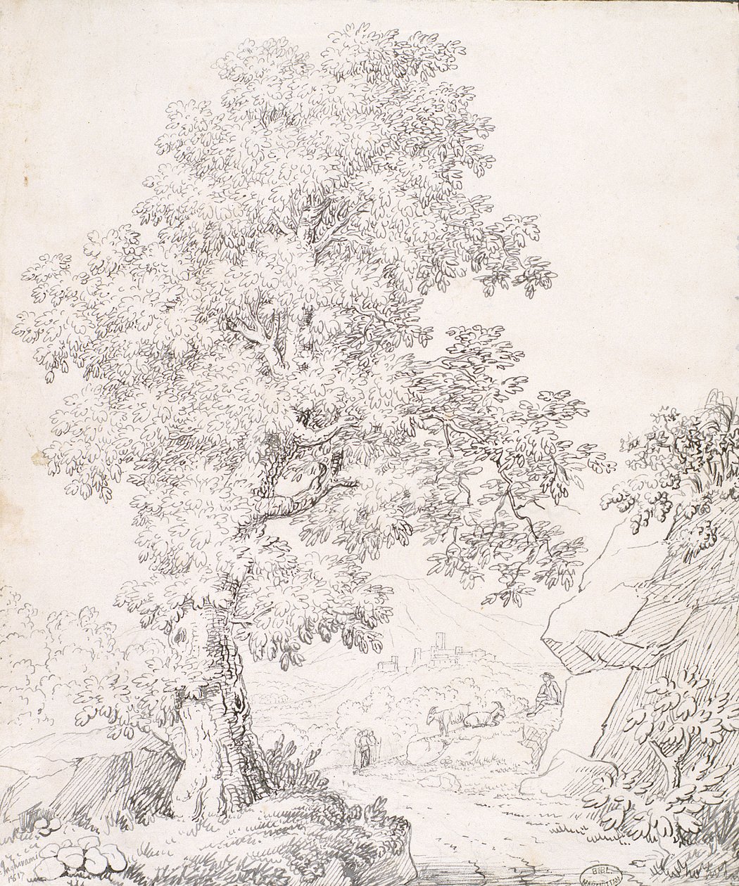 Landscape, a Shepherd and His Goats Walking by a Tree by I. Inghivami