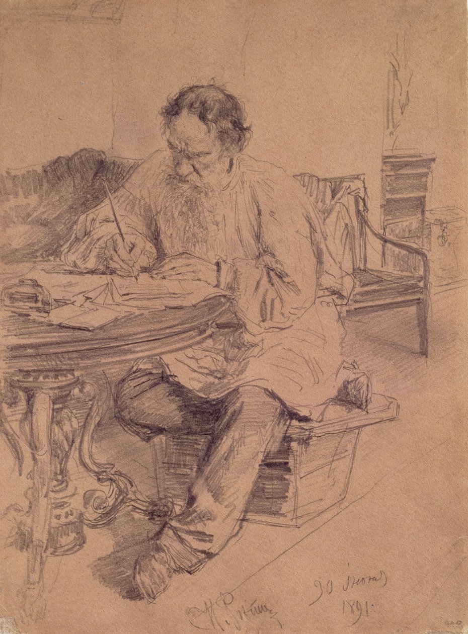 Lev Nikolaevich Tolstoy at Work by Ilya Efimovich Repin