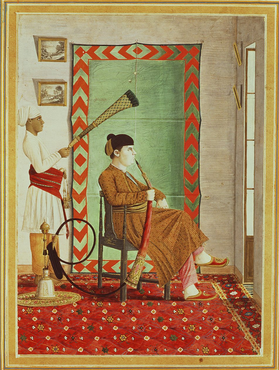 A portrait of a European gentleman in Indian dress seated before an open window smoking a hookah, Lucknow, Company School by Indian School