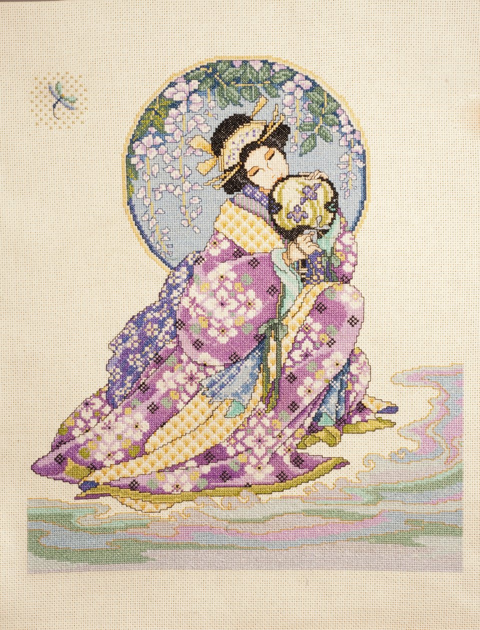 Cross-Stitch of Woman in Kimono with Fan by Ira Blount