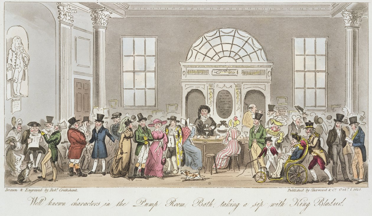 Well Known Characters in the Pump Room, Bath, Taking a Sip with King Bladud, Print Published by Sherwood and Co, 1825 by Isaac Robert Cruikshank