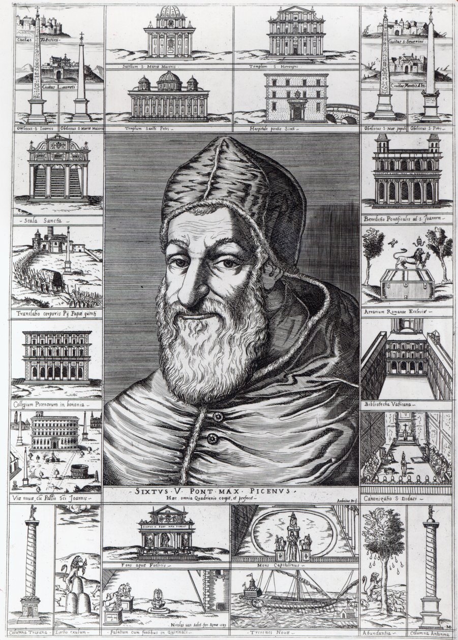 Pope Sixtus V, surrounded by the churches, buildings and monuments built or restored during his pontificate, engraved by Ambrosius by Italian School