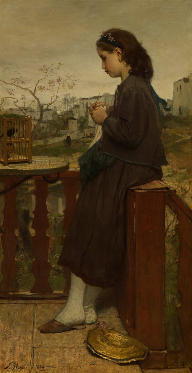 Girl Knitting on a Balcony, Montmartre by Jacob Henricus or Hendricus Maris