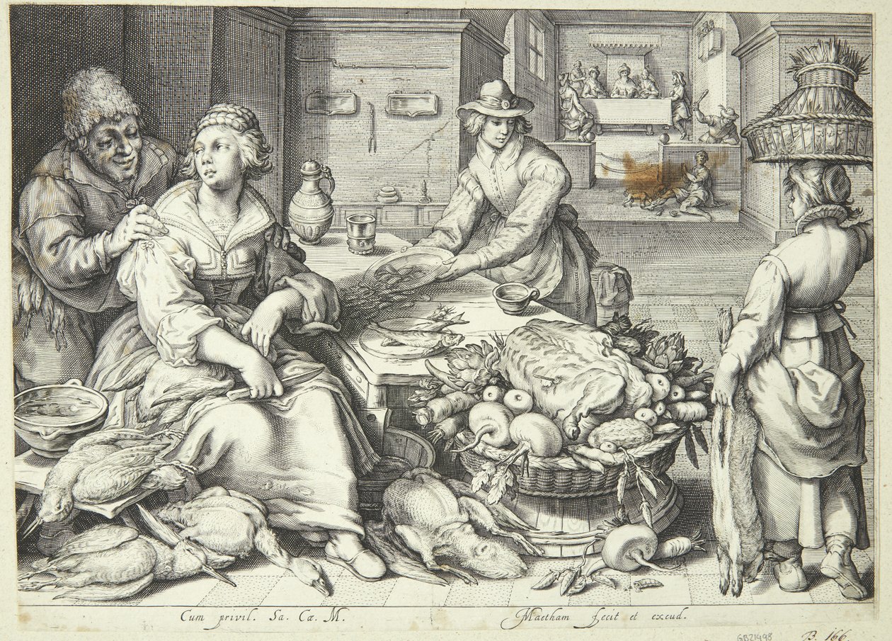 Kitchen Scene with a Kitchen Maid Plucking Poultry by Jacob Matham