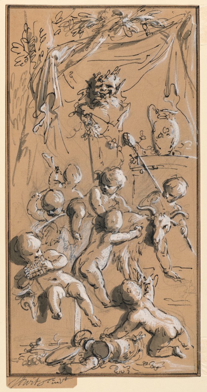 Putti playing before a herm by Jacob de Wit