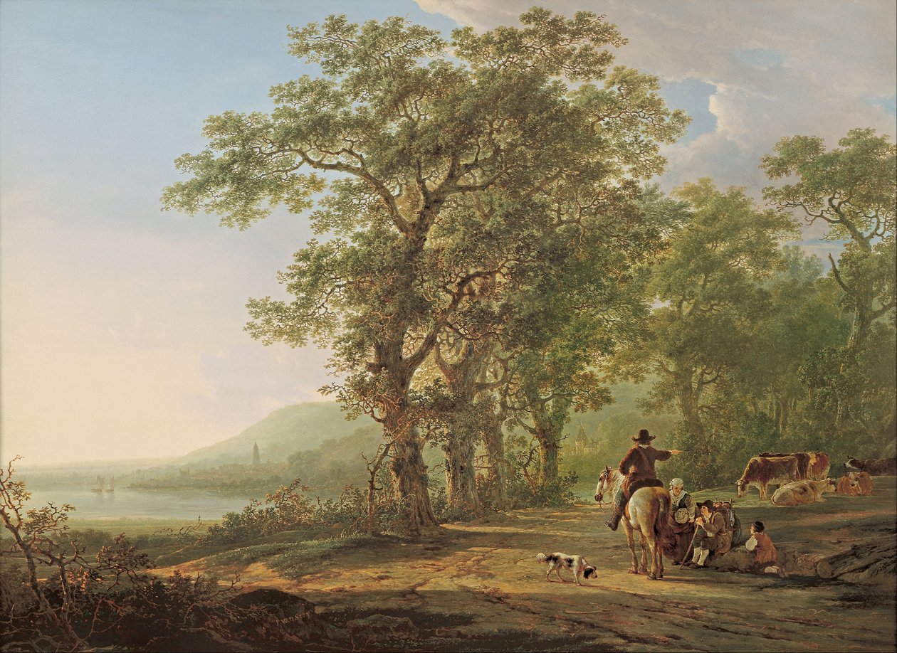 Figures in a forest landscape by Jacob van Strij