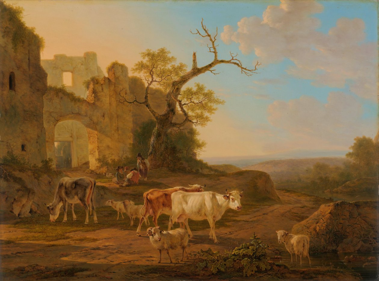 Landscape with Cows near a Ruin by Jacob van Strij