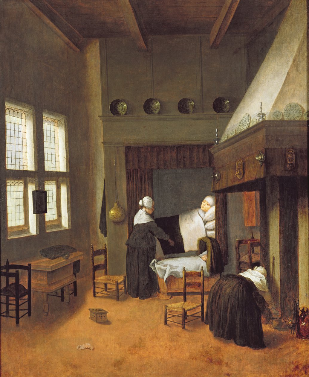 Bedroom Interior with Mother and New-Born Child by Jacobus Vrel or Frel