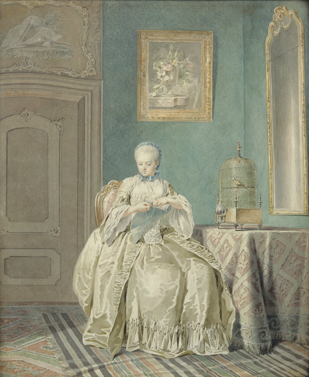 Young Girl Embroidering by Jacobus Buys