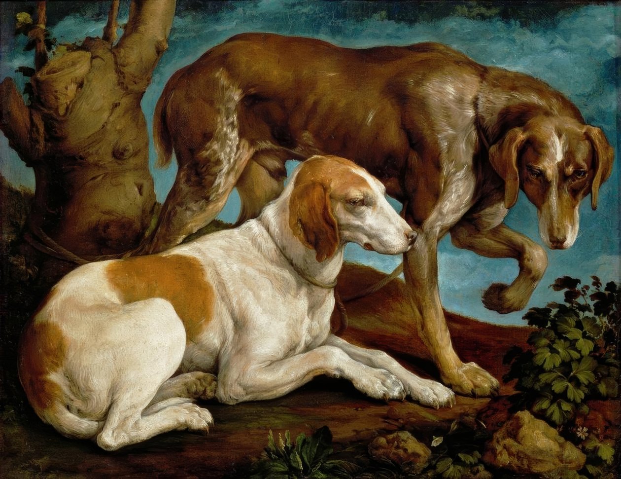 Two Hunting Dogs Tied to a Tree Stump by Jacopo Bassano