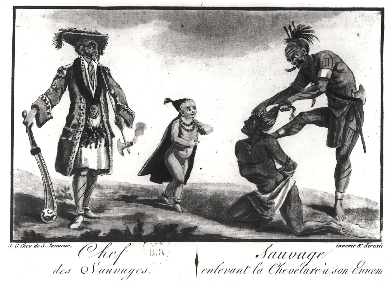 The Chief of the Savages Dressed as a European, a Child and a Savage Scalping his Enemy, from 