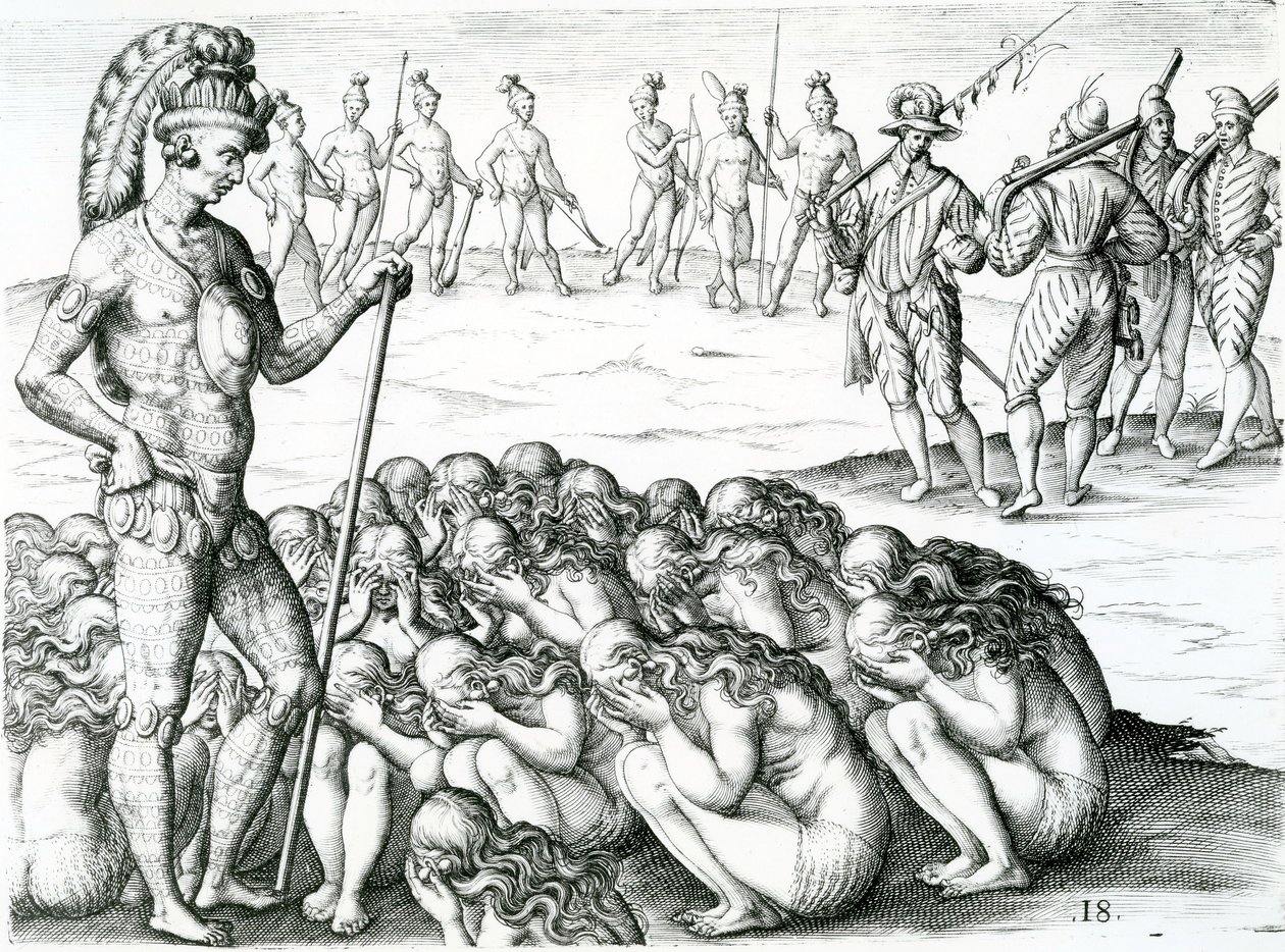 Morbo Sublati Postulata a Rege, Illustration from Brevis Narratio Eorvm Qvae in Florida Americae Provicia Gallis Acciderunt 1591 by Jacques Le Moyne