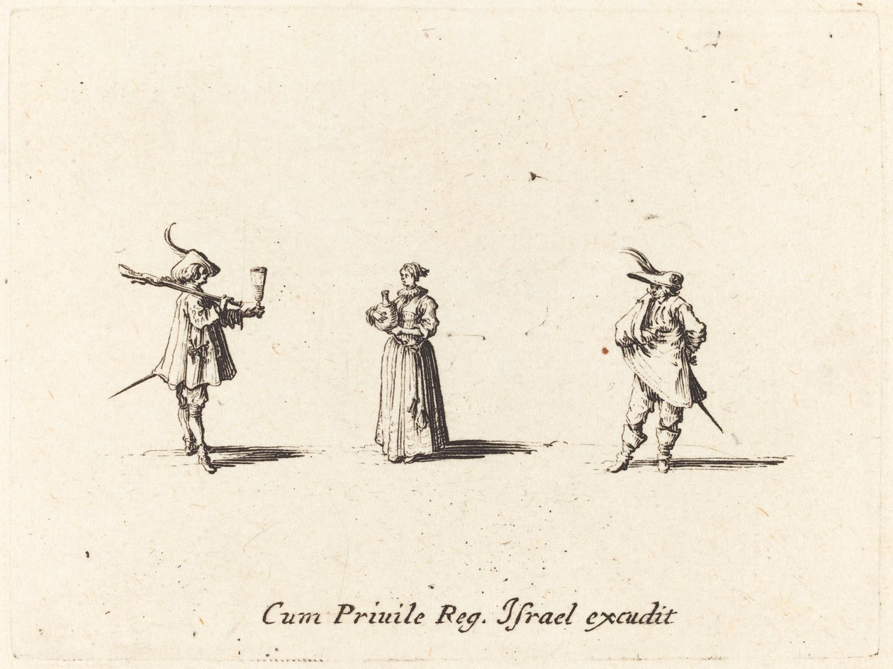 Lady with Wine Bottle, and Two Gentlemen by Jacques Callot