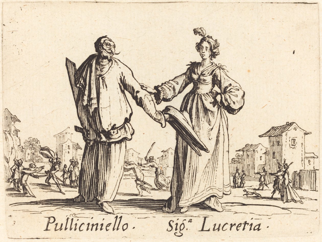 Pulliciniello and Siga. Lucretia by Jacques Callot