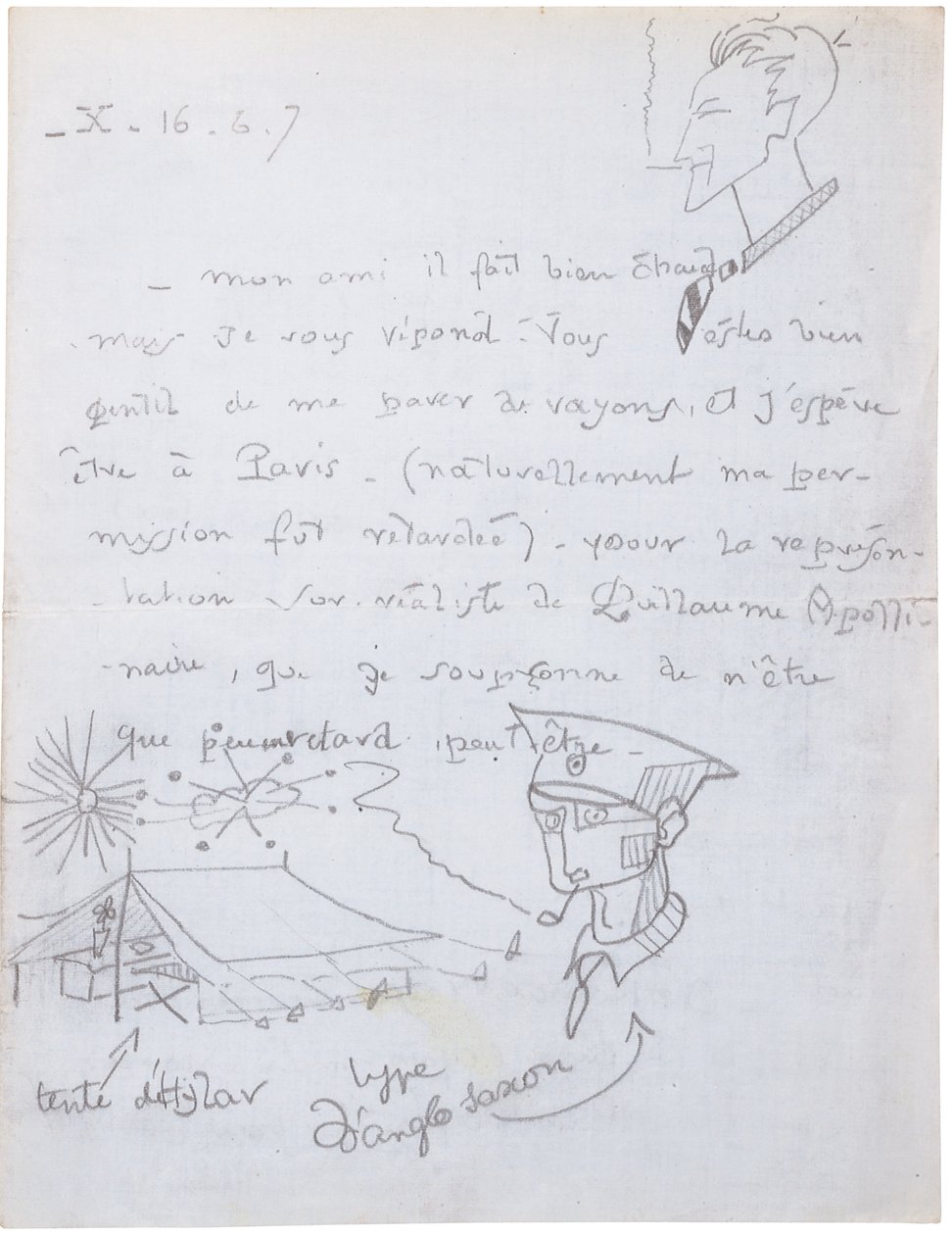 Autograph letter with drawings by Jacques Vache