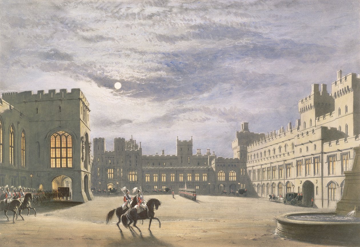 State Arrival of a Royal Visitor, the Quadrangle by Moonlight, Windsor Castle, 1838 by James Baker Pyne