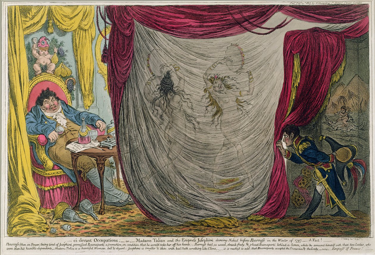 Ci-devant Occupations, or Madame Talian and the Empress Josephine Dancing Naked before Barrass in the Winter of 1797, published by Hannah Humphrey in 1805 by James Gillray