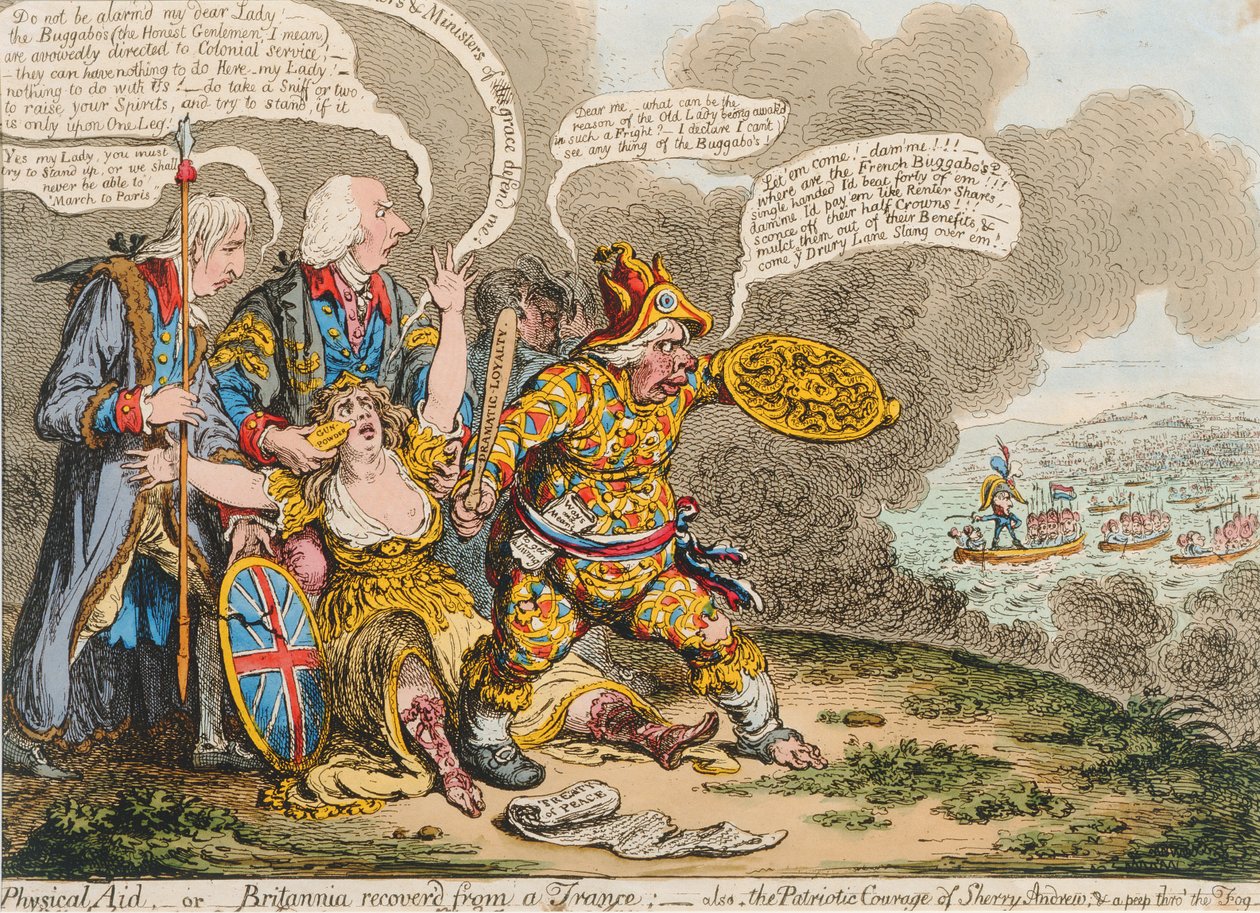 Physical Aid, or Britannia Recovered from a Trance: also, The Patriotic Courage of Sherry Andrews and a Peep into the Fog, Published by Hannah Humphrey in 1803 by James Gillray