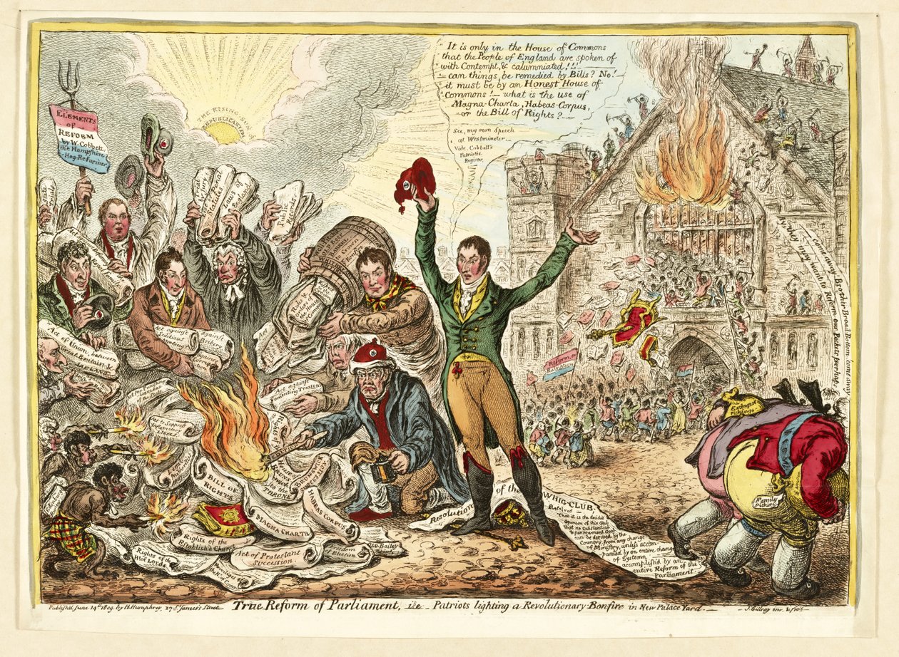 True Reform of Parliament, i.e. Patriots lighting a Revolutionary Bonfire in New Palace Yard by James Gillray