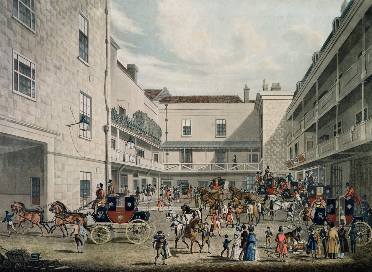 Royal Mail Coaches leaving The Swan with Two Necks Inn, Lad Lane, engraved by F. Rosenberg by James Pollard