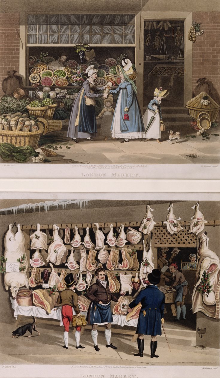 The Meat Stall and the Fruit Stall from the London Markets, engraved by M. Dubourg, 1822 by James Pollard
