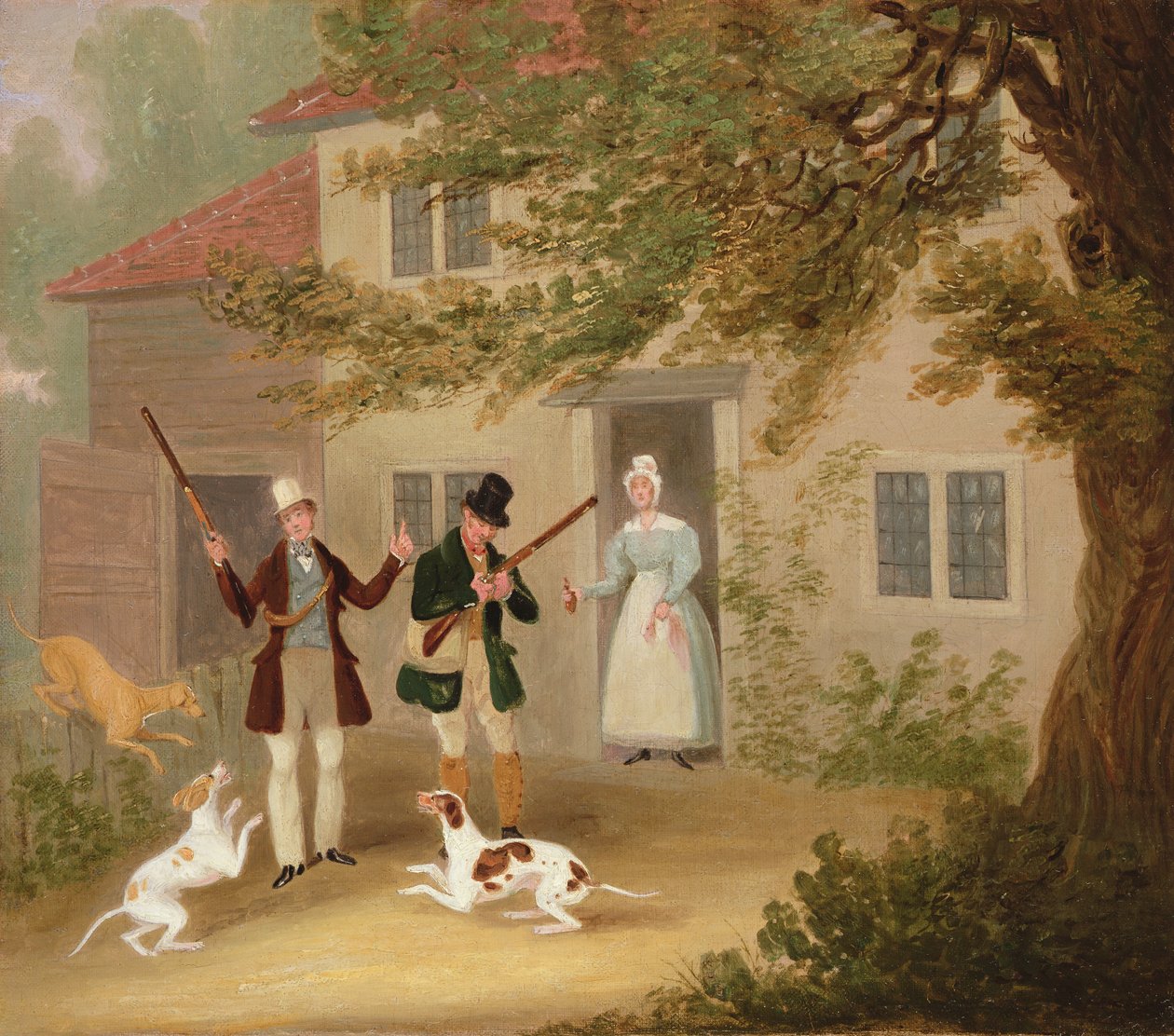 Two sportsmen with their pointers setting out from a cottage, c.1830 by James Pollard