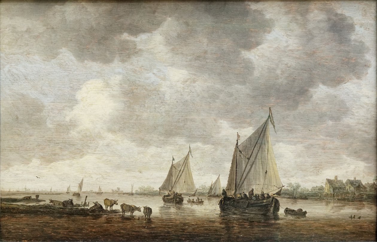 Two Large Sailing Boats on a River and Cattle Near the Shore by Jan Josephsz van Goyen