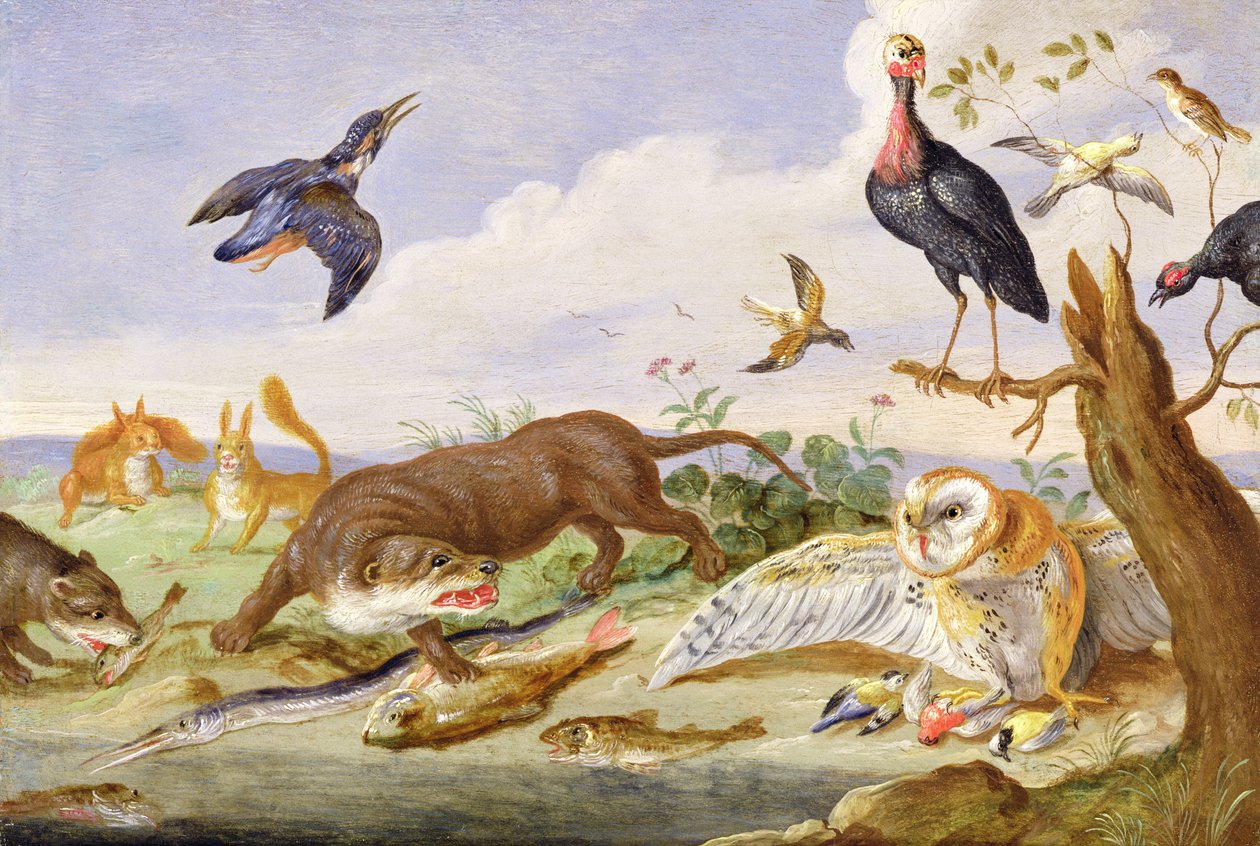 An Otter and an Owl Guarding Their Catches by Jan van Kessel the Elder