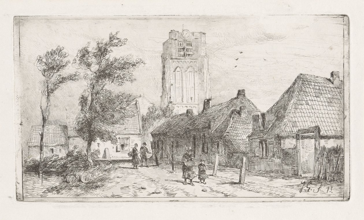 Village Scene with Church Tower by Jan Gerard Smits