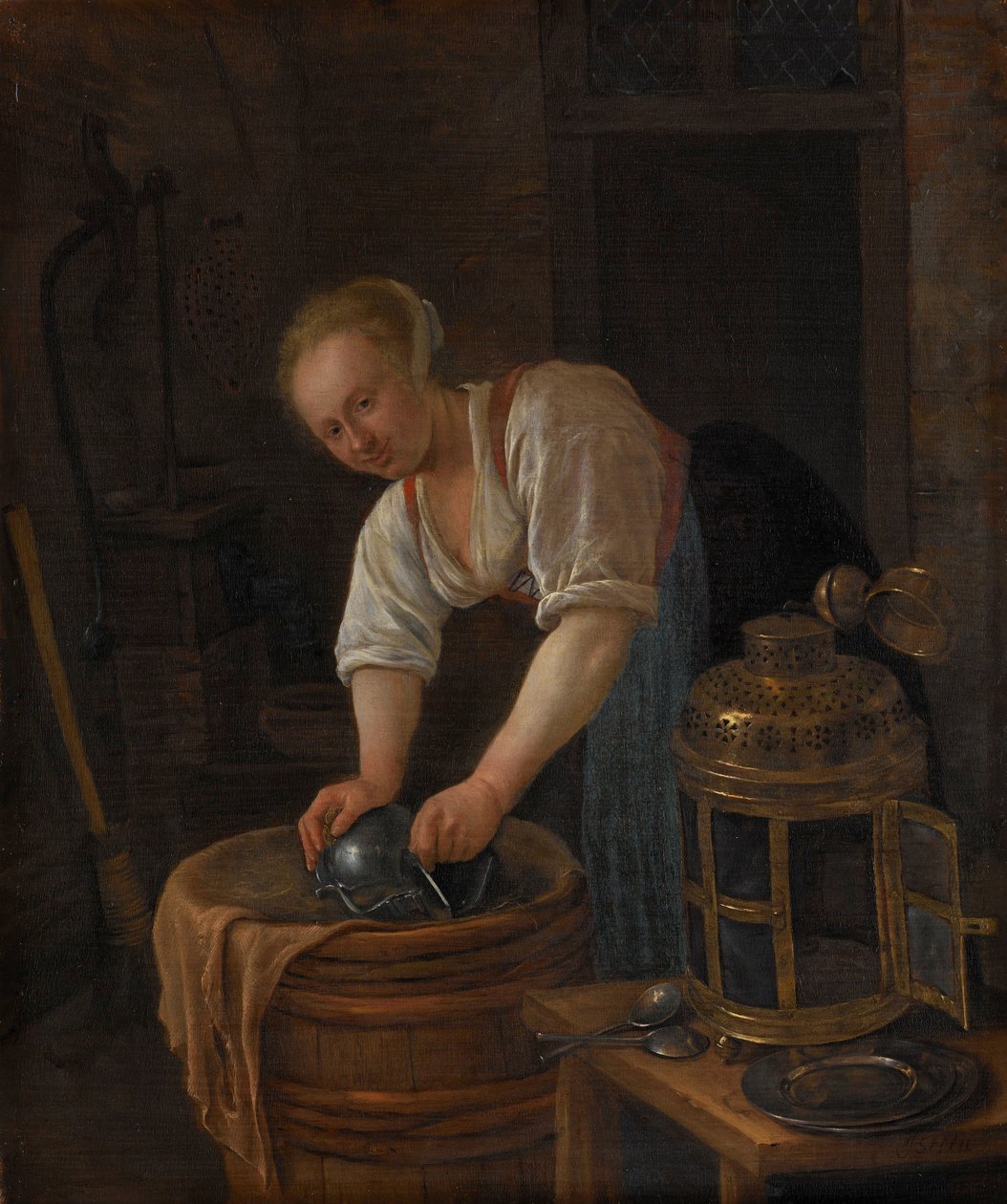 Woman Scouring Metalware by Jan Havicksz. Steen