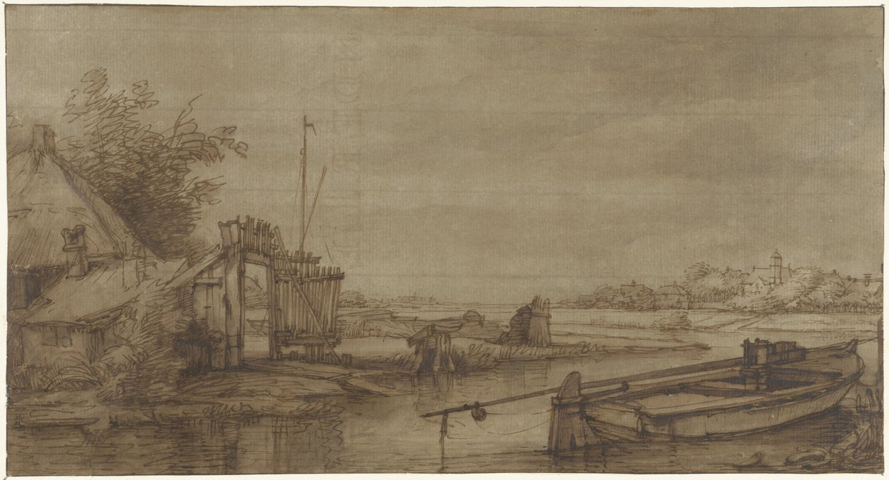Canal View with Farm and Moored Barge by Jan Hulswit (possibly)