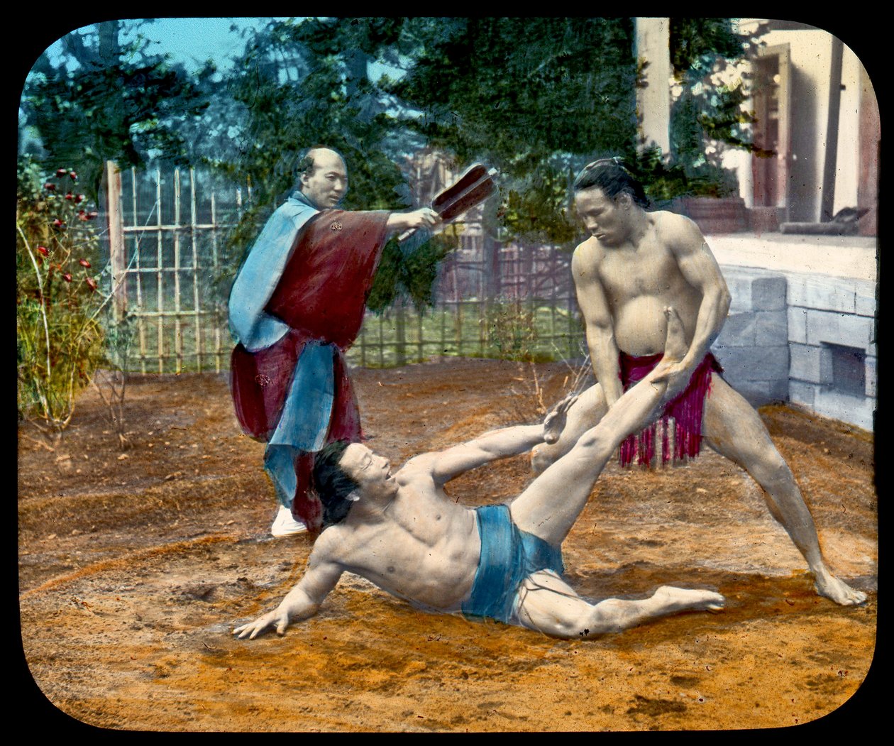 Magic Lantern Slide of Sumo Wrestlers. 1895 by Japanese School