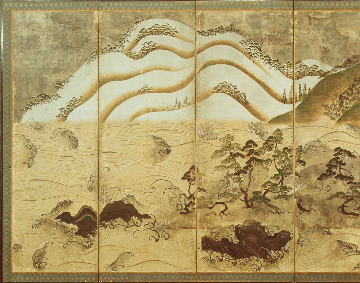 Moonlight Winter Landscape, part of a six panel folding screen by Japanese School