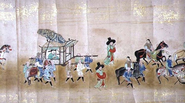 Sixth Korean Embassy to Japan in Meireki 1 at the time of Tokugawa Ietsunas succession in 1651, possibly by Kano Masunobu (1625-94) (scroll painting) (detail) by Japanese School