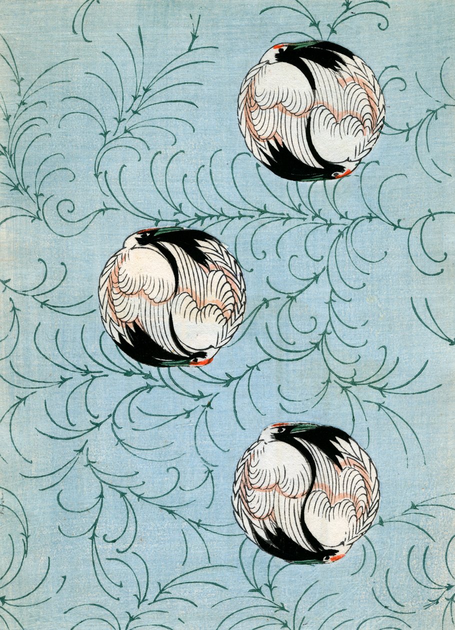 Abstract Cranes on a Blue Background by Japanese School