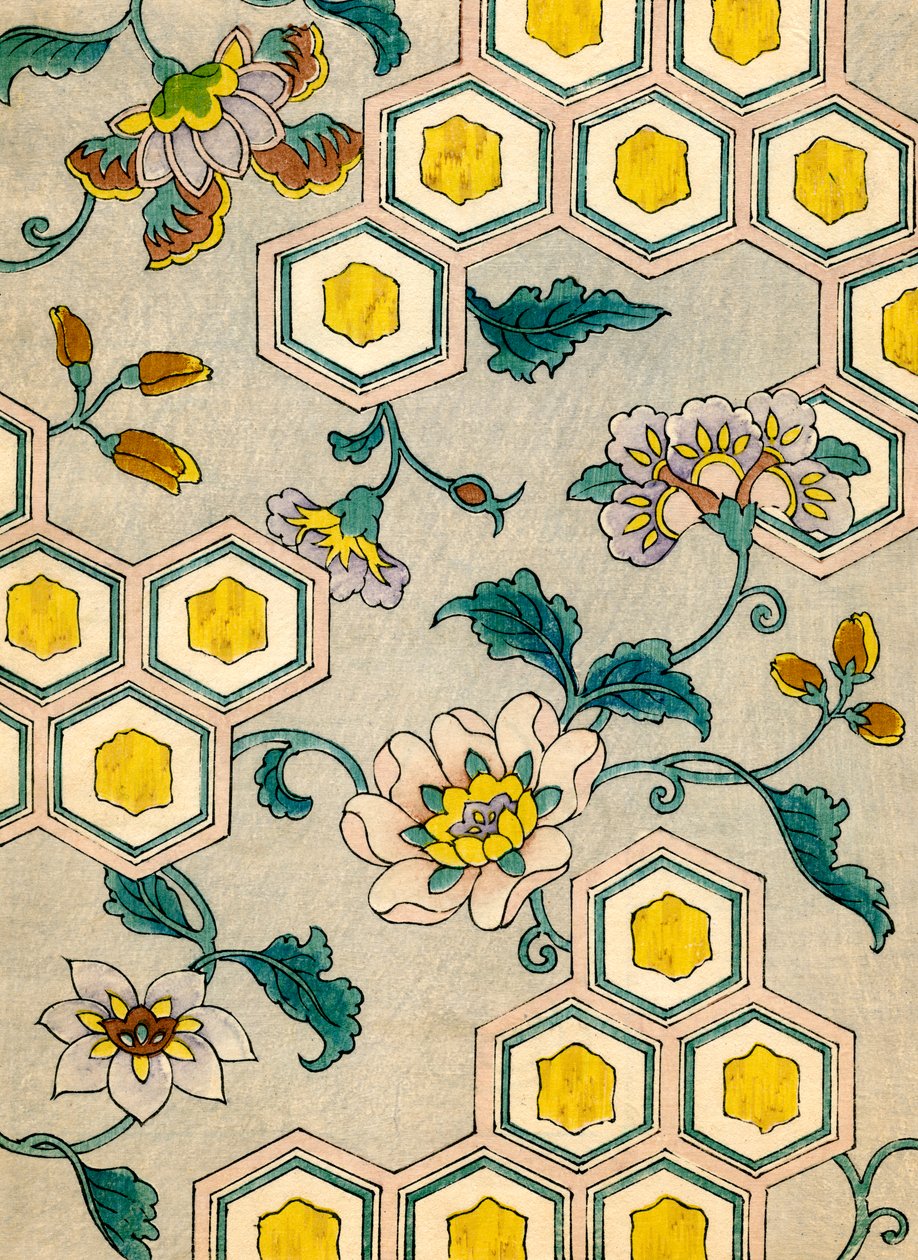 Blossoms on a Honeycomb Background by Japanese School
