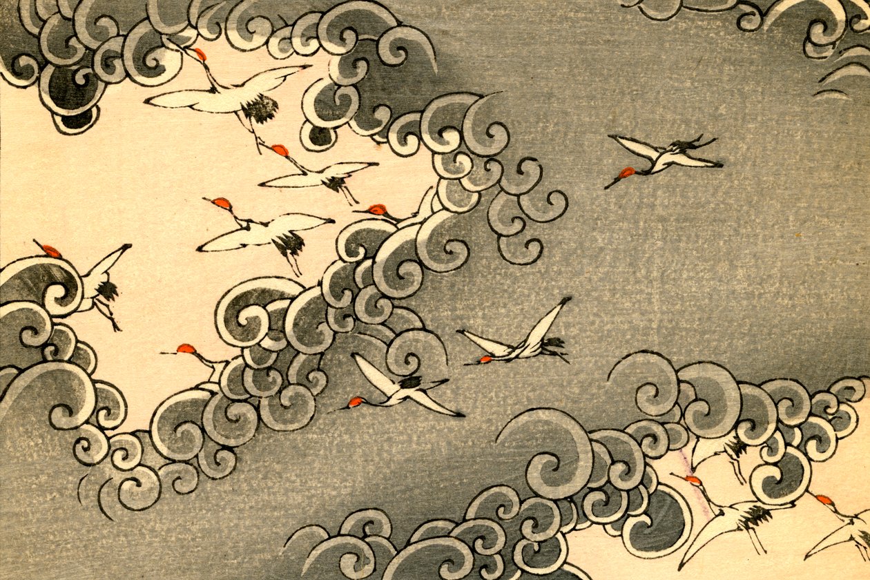 Cranes Flying in Grey Clouds by Japanese School