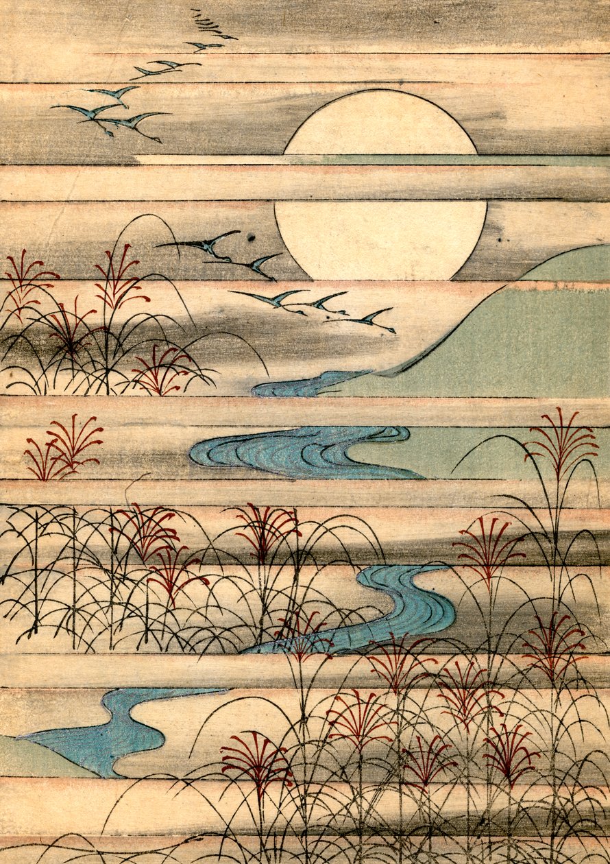 Full Moon Over a River Landscape by Japanese School