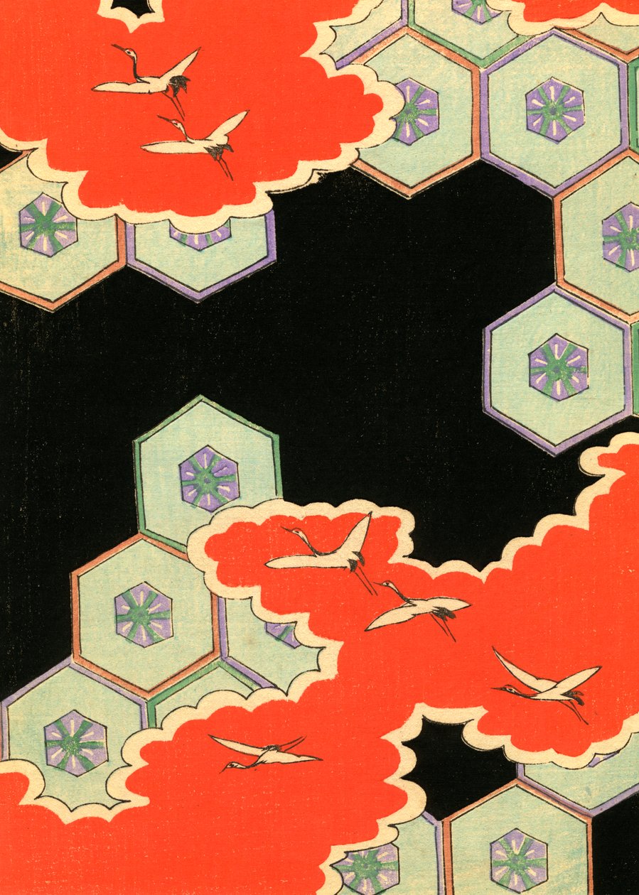 Red Clouds with Flying Cranes by Japanese School