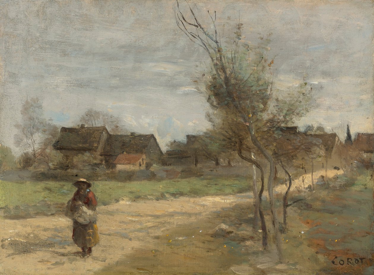 Peasant Woman on a Road with a View of a Village by Jean Baptiste Camille Corot