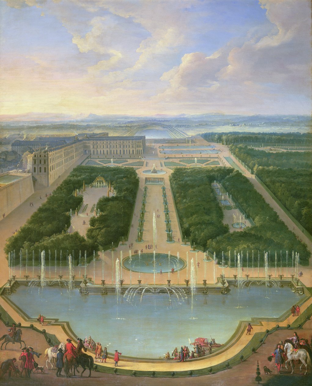 Perspective view of the chateau of Versailles seen from the Neptune Fountain, 1696 by Jean Baptiste Martin